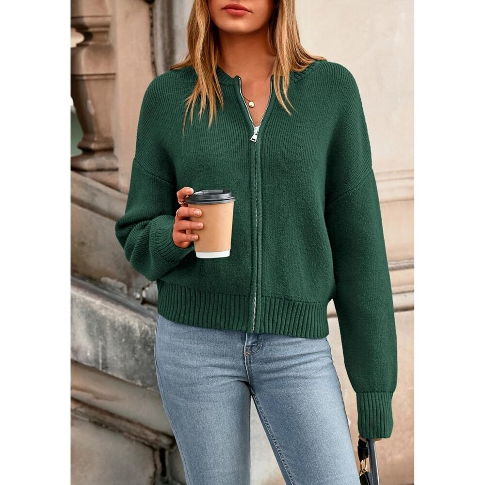 Women's Cropped Cardigan Sweater Knit Zipper Long Sleeve Fall Outerwear - Picture 7 of 8